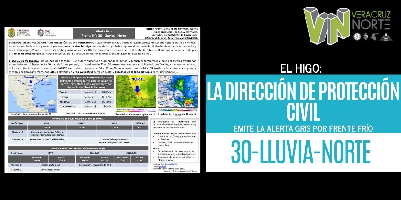 EL HIGO: La Dirección de Protección Civil Municipal emite la Alerta Gris por Frente frío 30-Lluvia-Norte.