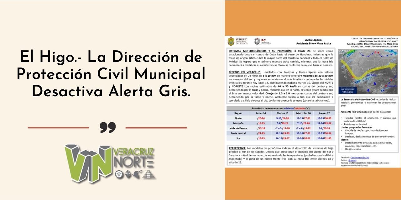 El Higo: La Dirección de Protección Civil Municipal Desactiva Alerta Gris.