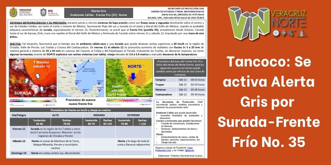 Tancoco: Se activa Alerta Gris por Surada-Frente Frío No. 35