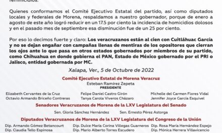 Respaldo total a nuestro gobernador por resultados en materia de Seguridad: CEE de Morena, Senadores, Diputados Federales y Locales de Morena