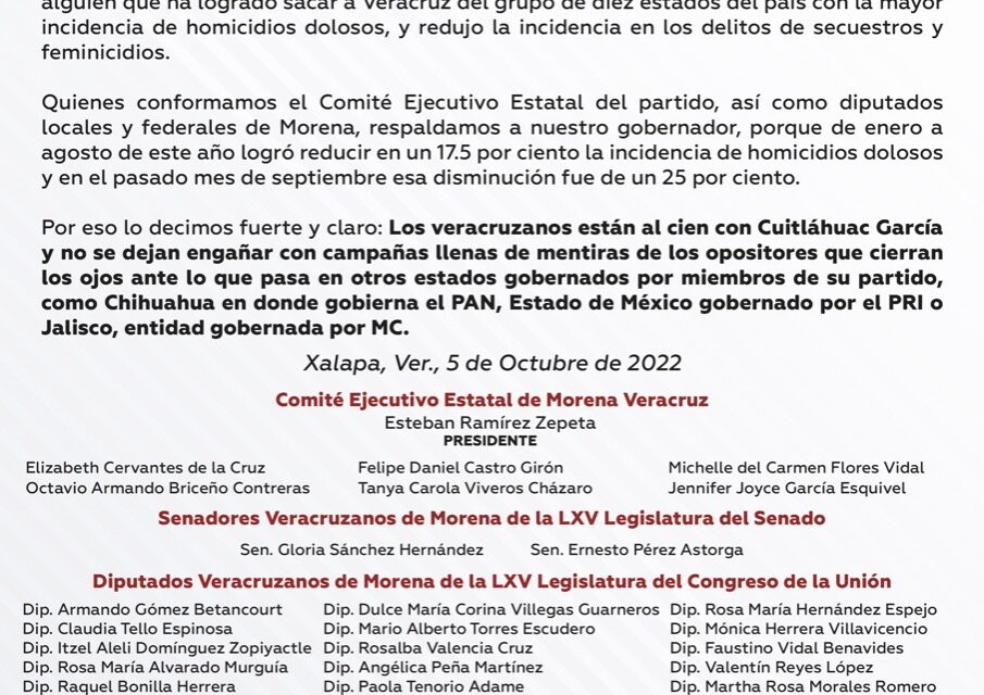 Respaldo total a nuestro gobernador por resultados en materia de Seguridad: CEE de Morena, Senadores, Diputados Federales y Locales de Morena