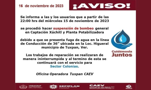 Se restablece el suministro de agua en Tuxpan