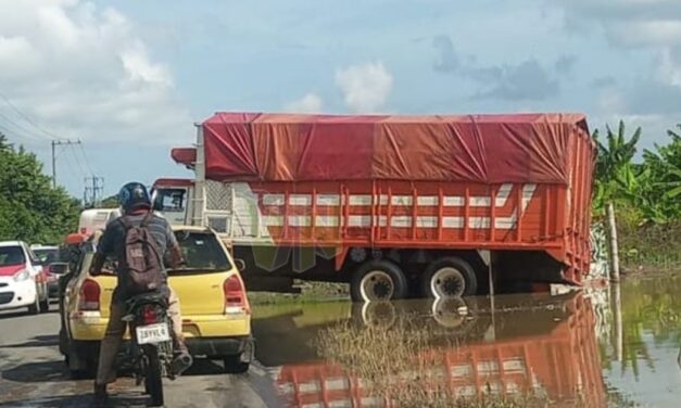 Se atascó pesado camión en la carretera Álamo-Tuxpan, vía Ojite