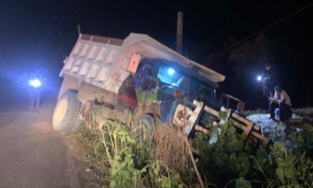 Camión de volteo se estrella contra poste de Telmex en la carretera Álamo-Úrsulo Galván