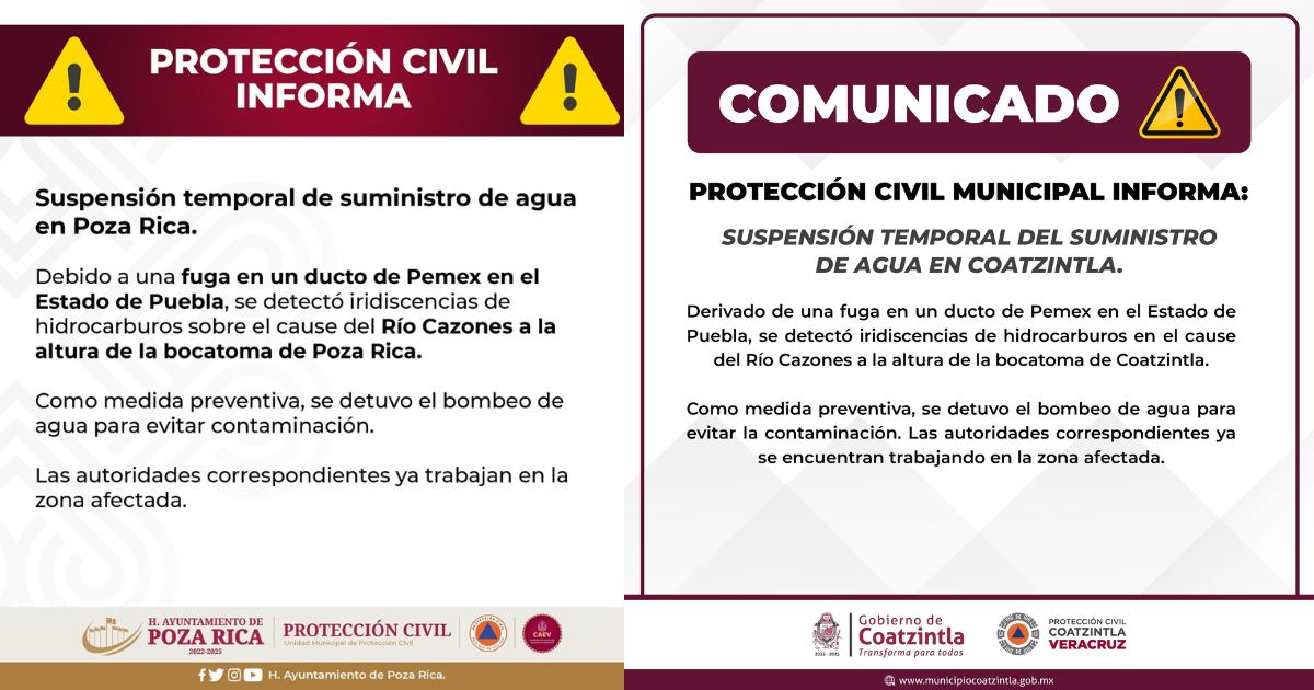 Poza Rica y Coatzintla sin agua: autoridades atienden fuga en ducto de PEMEX