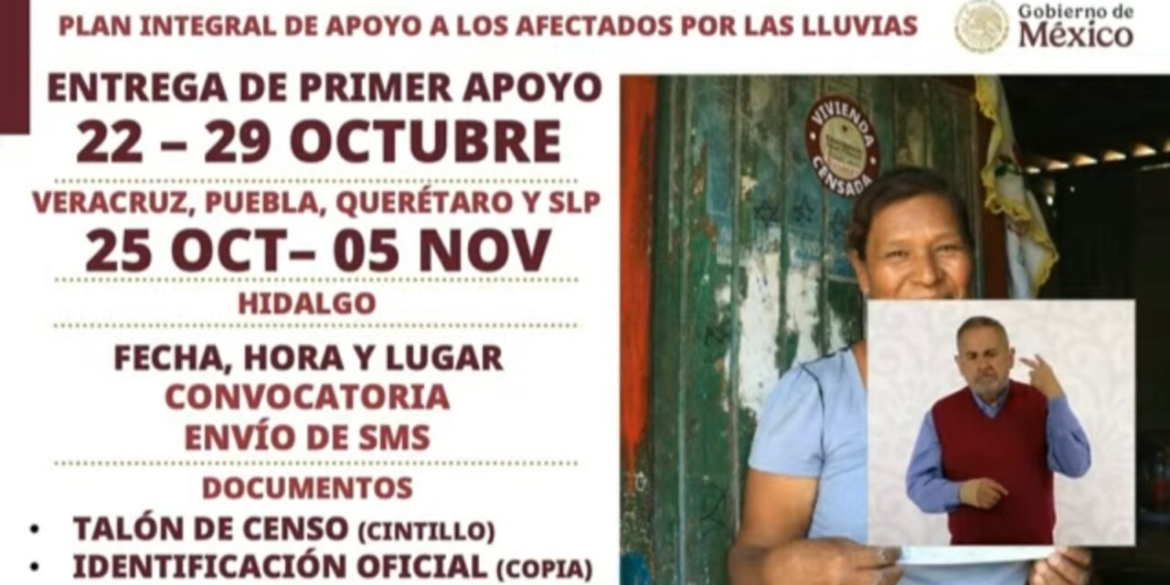 Del 22 al 29 de octubre, se entregarán apoyos a familias veracruzanas afectadas por las inundaciones