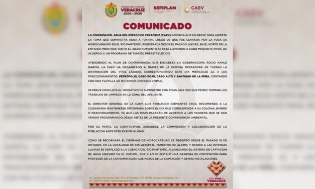 Abasto temporal con pipas: CAEV anuncia pronta reapertura de la toma de agua afectada por derrame