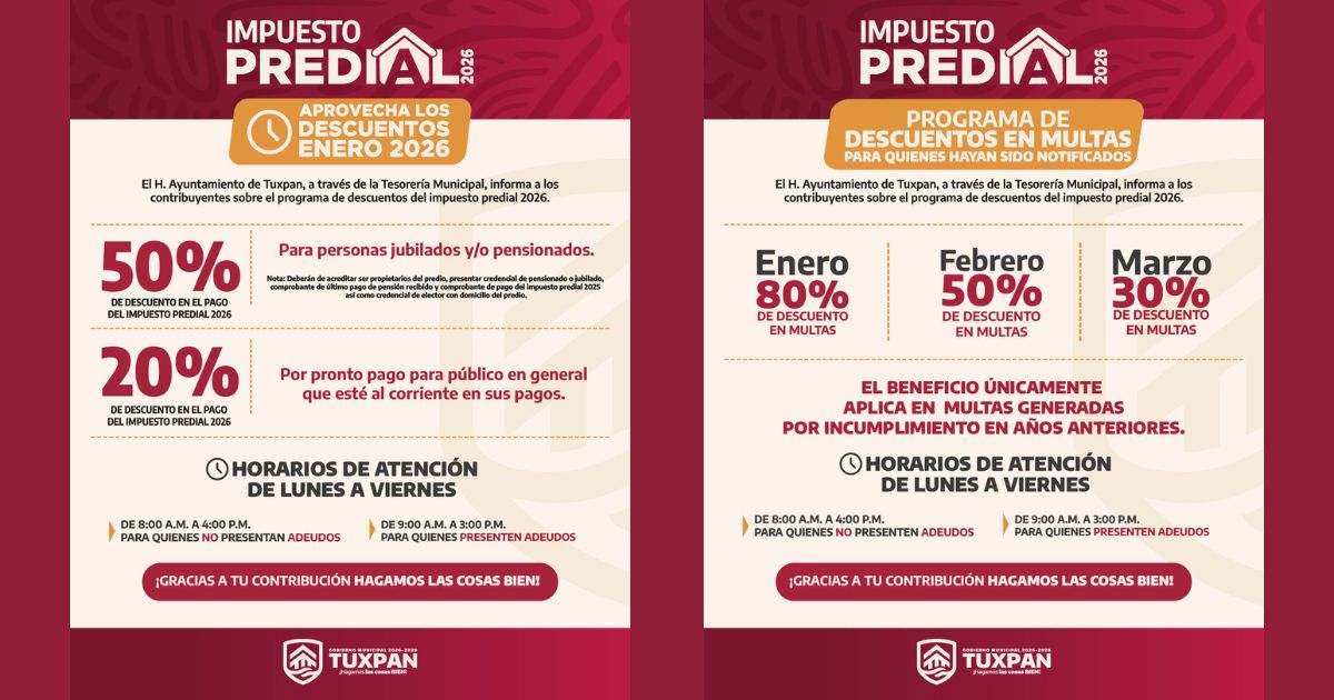 H. Ayuntamiento de Tuxpan invita a la ciudadanía a aprovechar los descuentos del Impuesto Predial 2026