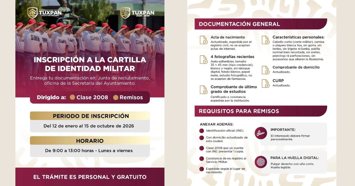 Tuxpan: Del 12 de enero al 15 de octubre de 2026 se llevará a cabo el proceso de inscripción para la Cartilla de Identidad Militar