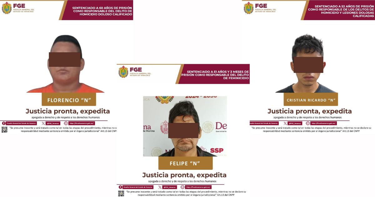 70 sentencias en una semana en Veracruz; destacan condenas de hasta 60, 52 y 51 años por homicidio, feminicidio y otros delitos