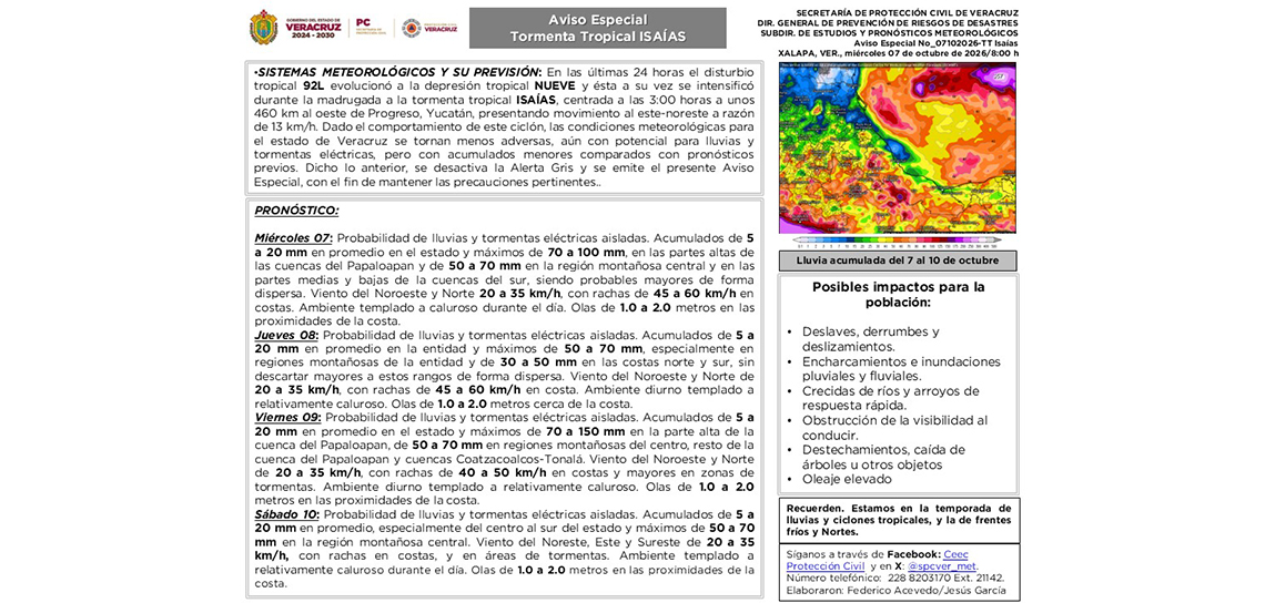 SPC desactiva la Alerta Gris; permanece un Aviso Especial por riesgo de deslaves y crecida de ríos